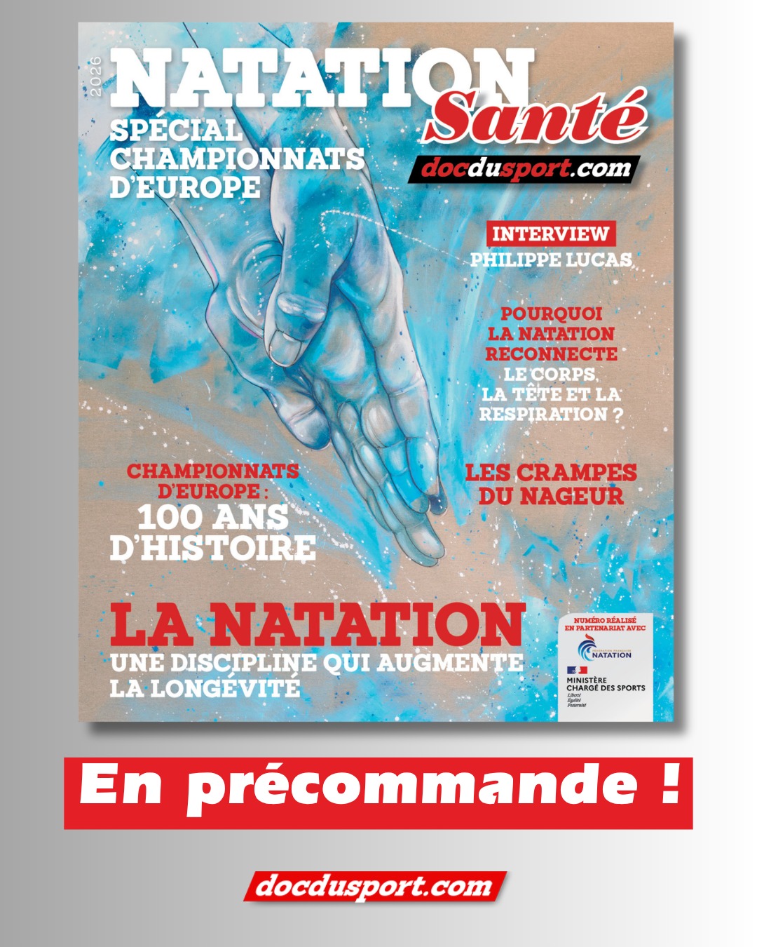 📢 NATATION SANTÉ 2026 : DISPONIBLE EN PRÉCOMMANDE ! 🏊‍♀️💥
🔥 Nageuses et nageurs, ce numéro est fait pour vous ! 🔥
⚠️ Un numéro spécial Championnat d'Europe⚠️

➡️ Un concentré d’expertise et de conseils, réalisé en partenariat avec la @FFNatation.

💡 Au sommaire :
✅Plaquettes contre plaquettes
✅Professeur François Carré : « La natation est une discipline qui augmente significativement la longévité »
✅Quand l’éveil aquatique devient un éveil au monde
✅Bien vieillir dans l’eau : les multiples bénéfices de la natation santé
✅Pourquoi la natation reconnecte le corps, la tête et la respiration ?
✅Alain Bernard : « La natation a contribué à construire l’homme que je suis devenu »
✅Natation : ça tourne pour les arthroses de l’épaule
✅La France, terre d’accueil des Championnats d’Europe de natation : une histoire d’excellence au service du sport
✅Philippe Lucas : les fondamentaux d’une natation durable
✅Baignade en milieu naturel : retour sur l’expérience de la Seine
✅Natation et cancers hématologiques
✅Expérience Alsacienne : aider les jeunes en surpoids ou obésité à reprendre une activité physique grâce à la natation
✅Nager c’est bien, croiser c’est mieux
✅Crampes du nageur : comprendre, prévenir et traiter grâce à la préparation physique et à la podologie
✅Respirer, bouger, s’exprimer : les vertus santé de la natation artistique
✅Côme Girardot : « Le CômeBack, c’est la preuve qu’il est possible de revenir »
✅Natation et diabète
✅Règles et natation
✅Apprentissage et présentation du savoir nager et aisance aquatique

📅 Précommandez dès maintenant pour être sûr de recevoir votre exemplaire ! 🎯

🔗 A précommander jusqu'au 5 juillet minuit sur www.docdusport.com (lien dans la bio).